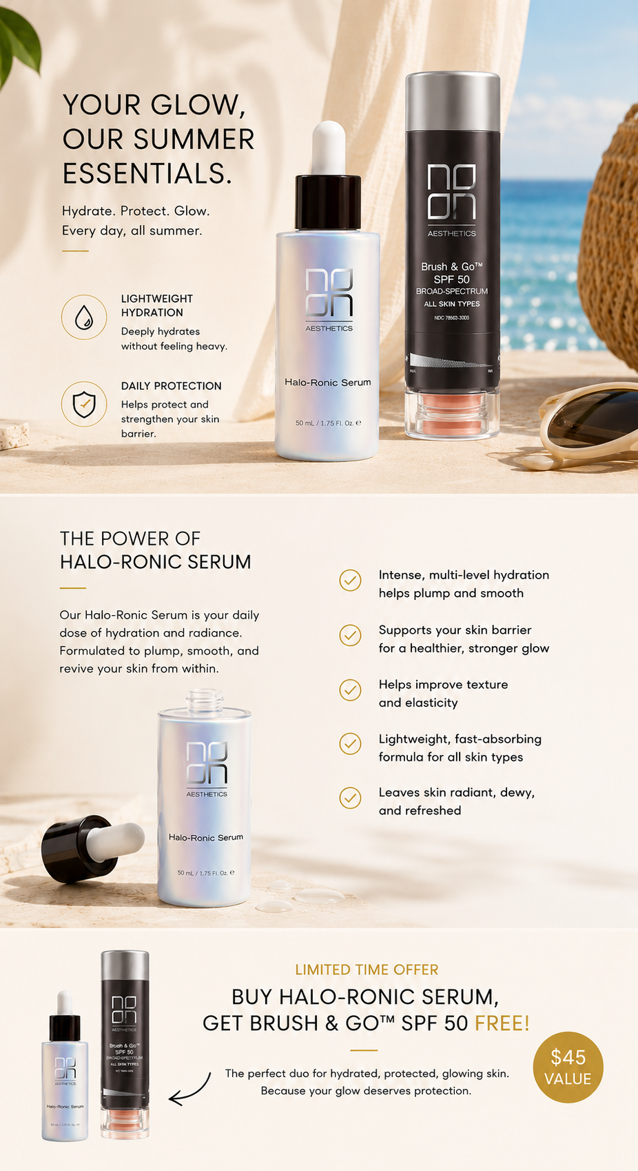 NOON Aesthetics Halo-Ronic Serum and Brush & Go SPF 50 medical-grade skincare products