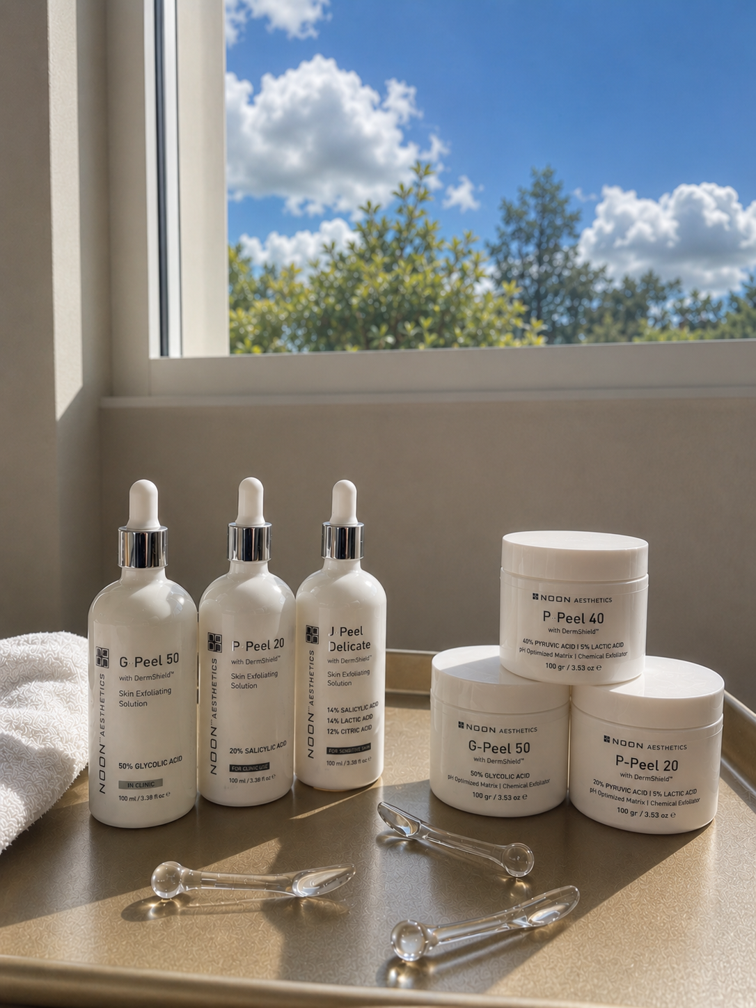 NOON Aesthetics professional chemical peel treatments including G-Peel, P-Peel, and J-Peel